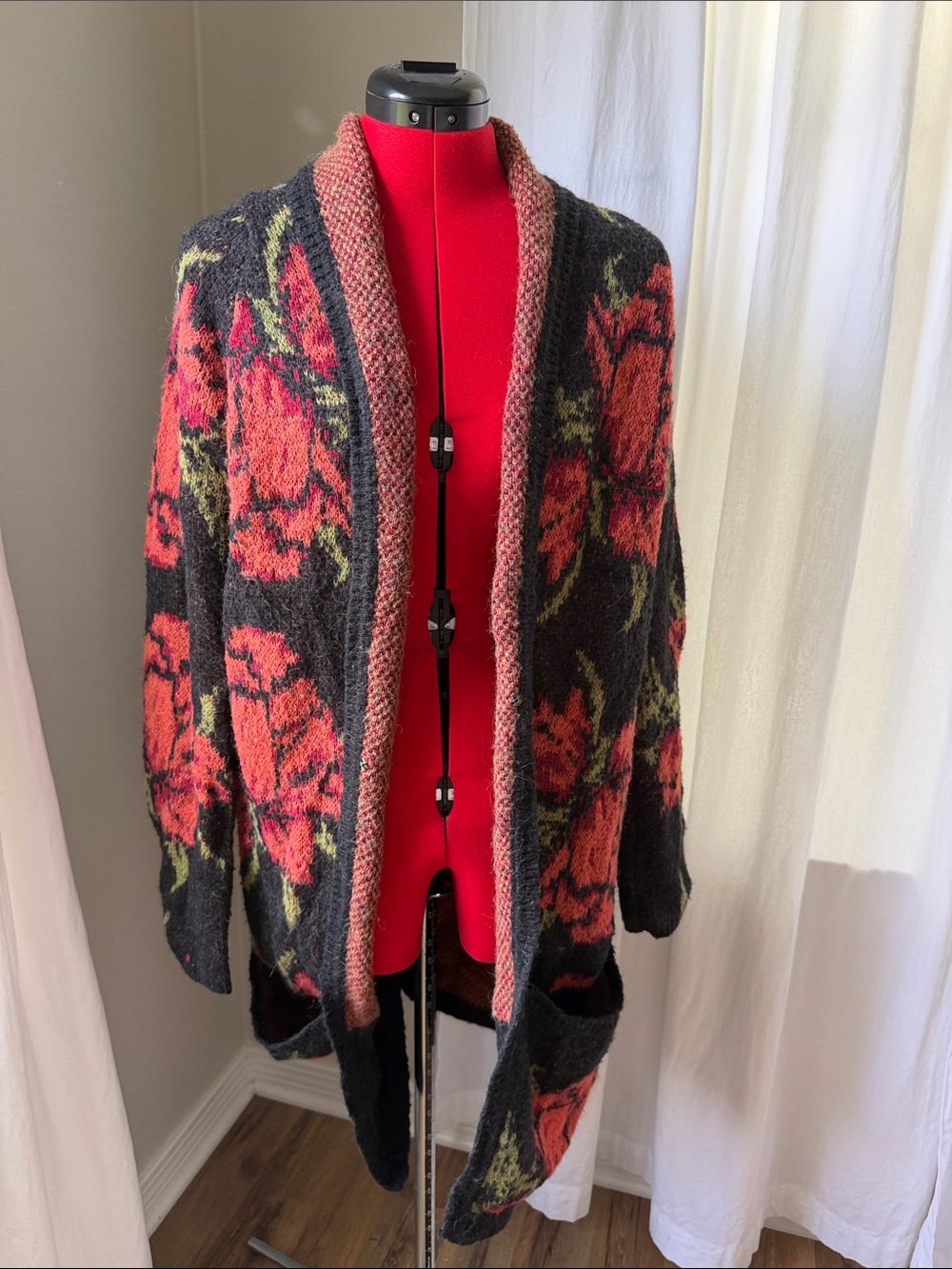Free People Black Cardigan with Coral Rose Motif